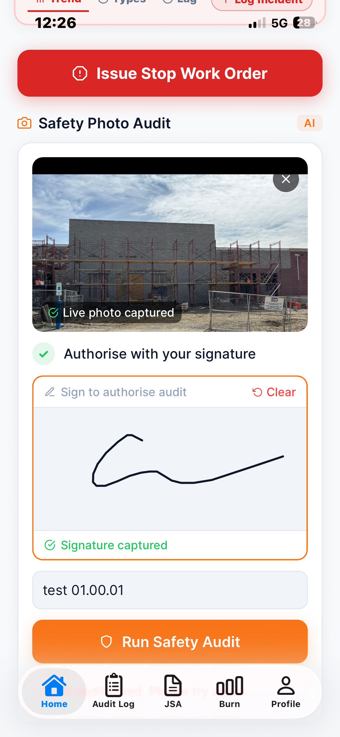 Plynthio signature capture screen with timestamped and geotagged worker sign-off on completed safety tasks