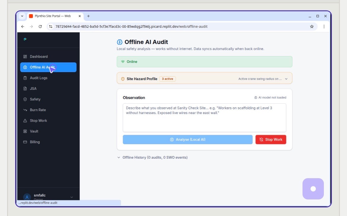 Plynthio AI Safety Audit Dashboard showing offline audit results and job site compliance status